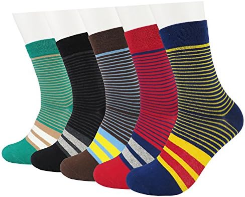Mixsense 5 Packs Men Cotton Bussiness Fashionable Dress Socks Grid Stripe Colorful Design Casual Socks,One Size (One, Patern2)