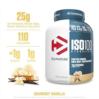 Dymatize ISO100 Hydrolyzed Protein Powder, 100% Whey Isolate Protein, 25g of Protein, 5.5g BCAAs, Gluten Free, Fast Absorbing, Easy Digesting, Vanilla, 5 Pound