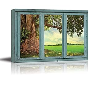 Old Knotted Tree with Winding Roots and Green Leaves on The Edge of a Verdant Field - Canvas Art Home Art - 24x36 inches