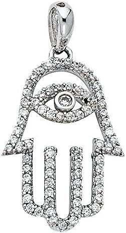 Solid 14k White Gold Hamza Hand Pendant Evil Eye Charm Nazar CZ Turkish Greek Good Luck Fancy 13 x 20 mm