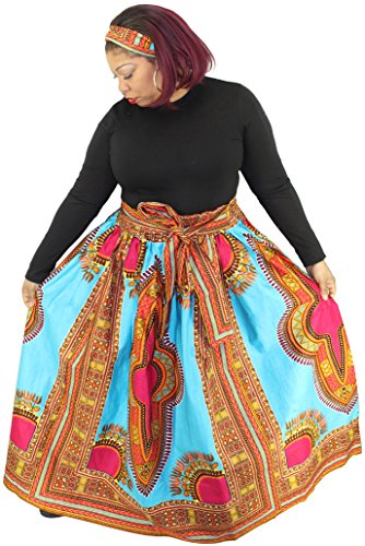 African Planet Women's Wax Dashiki Skirt Bow Tie Elastic Waist Ankara Maxi (Turquoise)