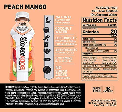 BODYARMOR LYTE SPORTS DRINK LOW-CALORIE SPORTS BEVERAGE, PEACH MANGO, NATURAL FLAVORS WITH VITAMINS, POTASSIUM-PACKED ELECTROLYTES, NO PRESERVATIVES, PERFECT FOR ATHLETES, 16 FL OZ