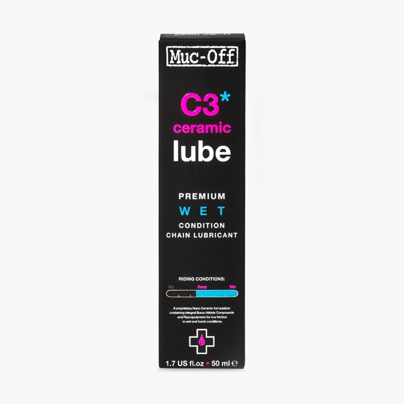 Muc-Off C3 Wet Chain Lube - Ultra Durable Ceramic Bike Chain Oil with UV Dye - Long-Lasting Lubricant for Wet & Muddy Conditions - 50ml