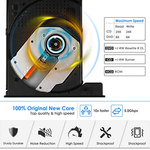 Kingbox External DVD Drive, Portable USB 3.0 Type-C CD/DVD Writer Drive for Laptop Desktop PC Computer Windows Linux OS Apple Mac MacBook Pro Air iMac - High Speed Data Transfer - Black - Thumbnail 3