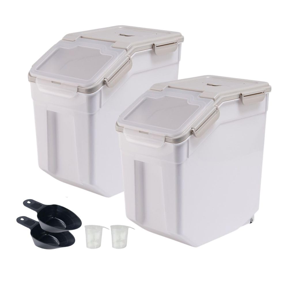 Photo 1 of 2 Pack Rice Storage Container 25 lbs, Airtight Flour Storage Containers with Lid and Wheels, Measuring Cup & Scoop, BPA Free, Bulk Food Dispenser for Sugar, Grain, Cereal - Pet Food Bin (Grey)