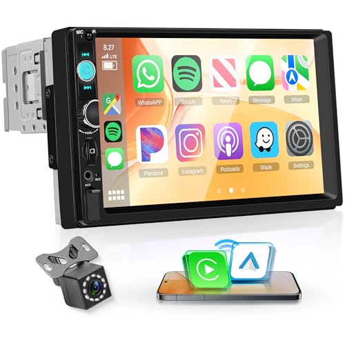 Wireless Carplay Car Radio 1 Din with You-Tube Android Auto, 7 Inch Touch Screen Car Radio with iOS/Android Mirror Link Bluetooth FM Radio USB/EQ Steering Wheel Control Rear Camera