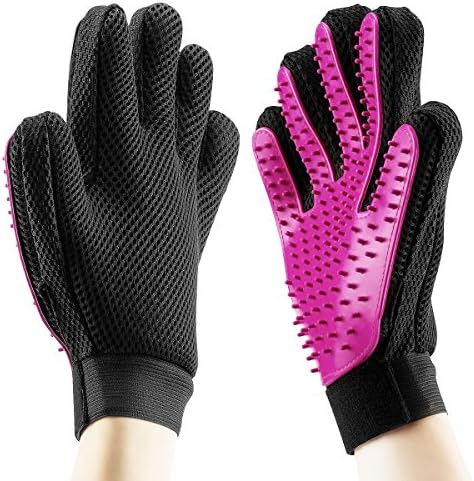 Petsee Grooming Glove Efficient Pet Hair Remover Mitt - Massage Tool with Enhanced Five Finger Design - Perfect for Dogs &amp; Cats with Long &amp; Short Fur Pet Grooming Massage Glove (A pair, Pink)