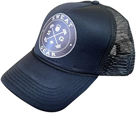 SweatGear flat bill 100% polyester black snapback trucker hat with mesh back and gray SweatGear logo for fashion, casual, working out, fitness, style, leisure