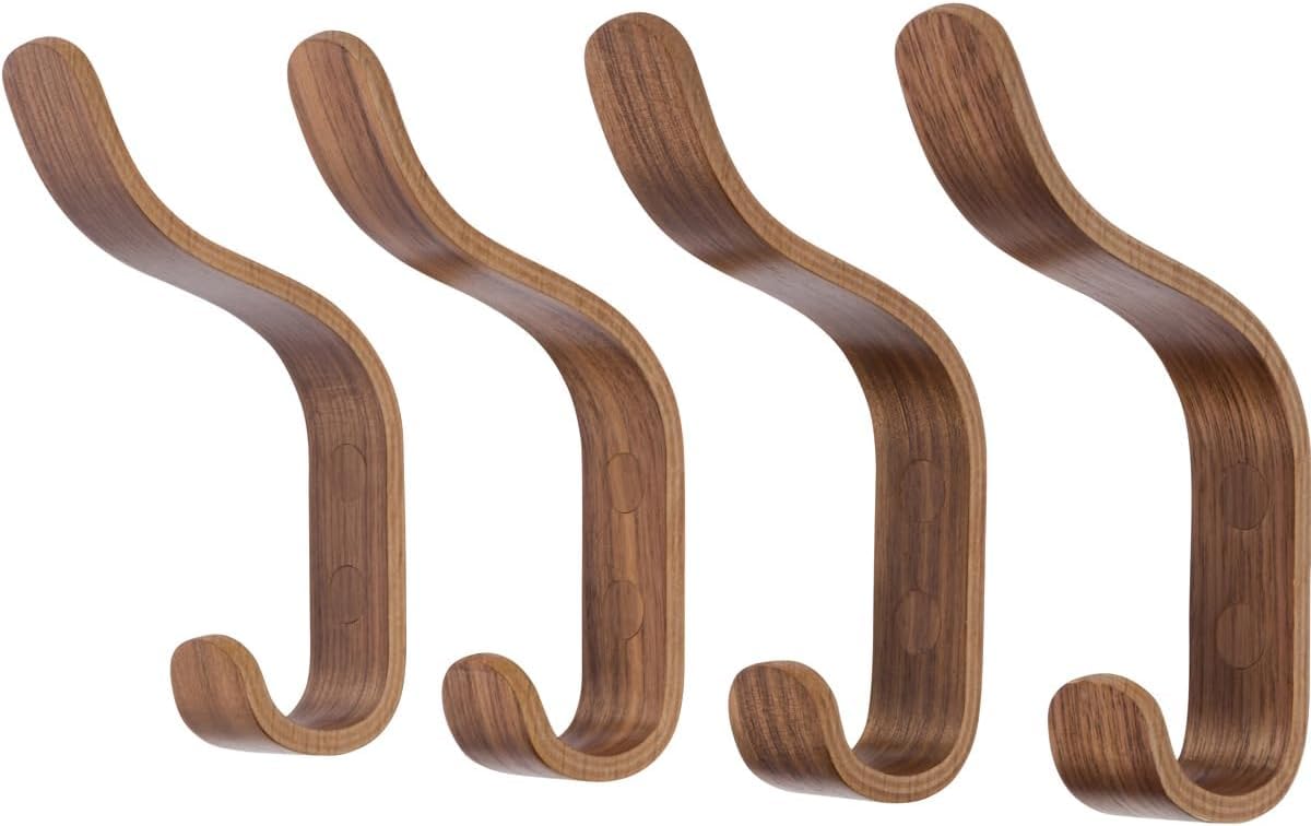 waveply Plywood Wall Hooks Set of 4 Wood Coat Hooks Hanging Clothes Hats Robes Towels Maple Wooden (Walnut)