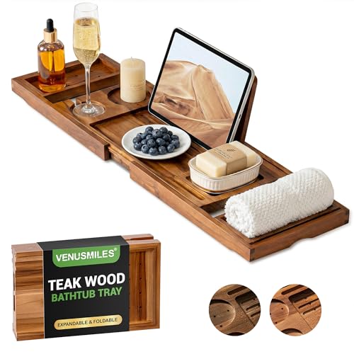 Venusmiles Teak Bathtub Tray Caddy, Foldable Bath Tray with Expandable Handles, Wine