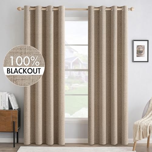 MIULEE 100% Blackout Linen Curtains for Bedroom 52x84 Inches Copper Brown | Room Darkening, Light Blocking, Thermal Insulated, Grommet Top, Linen Textured, Window Curtains for Living Room, 2 Panels