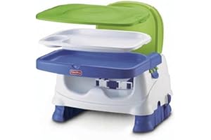 Fisher-Price Toddler Booster Seat Healthy Care Deluxe Blue Adjustable Chair for Dining Table & Travel with Baby, Dishwasher Safe Tray