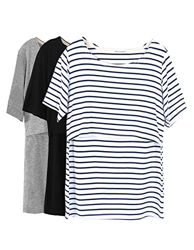 Smallshow 3 Pcs Maternity Nursing T-Shirt Nursing Tops White Stripe-Black-Grey Large