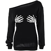 TWKIOUE Women Halloween Pullover Shirts Slouchy Pumpkin Long Sleeve Sweatshirts Off Shoulder Tops