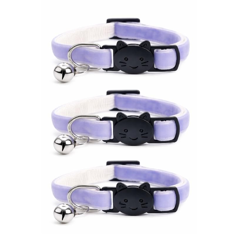 Velvet Cat Collars with Bell. Safe Breakaway Quick Release Buckle. Available in Cat & Kitten Size (Pack of 3) (Cat Collar (20cm - 30cm), Lilac Velvet (Pack of 3))