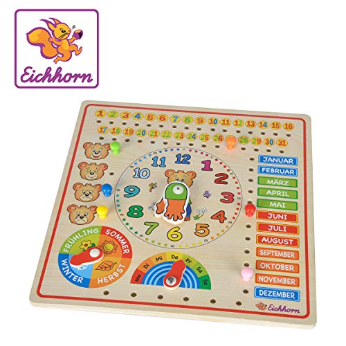 Eichhorn 100005457 - Steckpuzzle Kalenderuhr 30x30cm, unterschiedliche Steckmöglichkeiten, Wand Aufhängemöglichkeit, FSC 100% Zertifiziertes Lindensperrholz