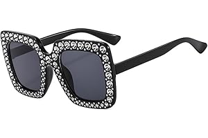 IKANOO Oversized Crystal Sunglasses for Women Square Thick Frame Bling Rhinestone Sparkling Glasses
