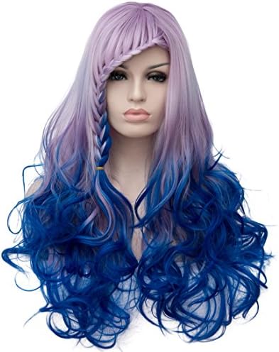OYIXU 70cm 27.5" Pink Blue Highlights Lolita Fluffy Cosplay Braid Curly Long Hair Wig