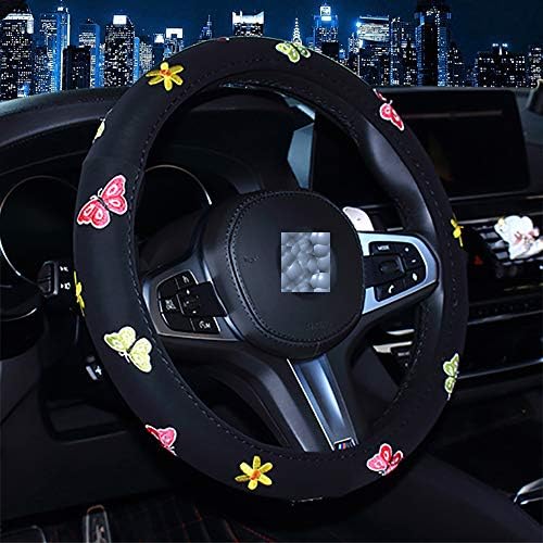 Nubuck Auto Car Steering Wheel Cover with Embroidery Pattern for Women Girls Ladies,Universal 15 inch,Non-Slip,Odorless,Durable,Warm in Winter Cool in Summer,Easy to Install (Butterfly Style)