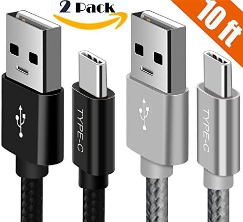 Type C Cable, Extra Long [2 Pack] 10FT Braided Fast Charging Cord, USB-C Quick Charge Cable for Samsung Galaxy Note 8 S10 S9 S8+, Google Pixel XL 2XL Pixel 3, LG G7, New iPad Pro 2018 and more, BL+SL