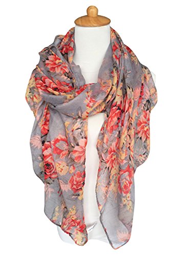 GERINLY Lightweight Scarves: Fashion Flowers Print Shawl Wrap For Women (Grey)