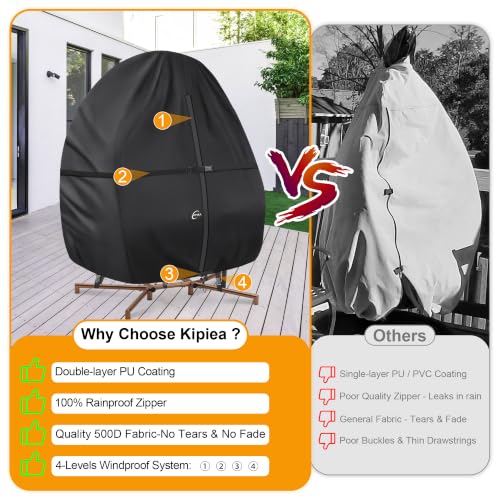 Kipiea Patio Egg Chair Covers Waterproof, Upgraded 500D Outdoor Hanging Egg Chair Covers with Waterproof Zipper, Double Seat Swing Egg Chair Cover, Windproof, Anti-UV, No Tears (Up to 80" W x 91" H)