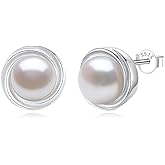 YAMI Sterling Silver Natural Cultured Pearl Earrings for Women, Black/White/Pink/Grey Pearl Stud Earrings 8MM, Hypoallergenic Jewelry Gifts for Mother Wife Her