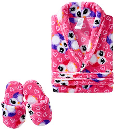 Sleep & Co Little Girls' Owl Robe With Slippers Set, Hot Pink, 2T