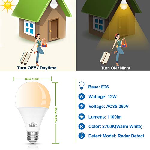 Motion Sensor Light Bulb 12W Smart Bulb Radar Dusk to Dawn LED Motion Sensor Light Bulbs E26