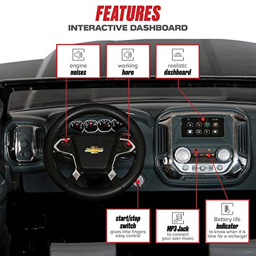 Rollplay 12V Chevy Silverado Kid's Truck, Two-Seat Ride On Toyup to 5 mph - Battery-Powered Kid's Car - Ages 3 & Up - Black
