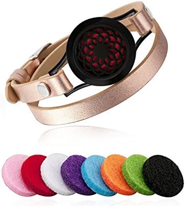 Essential Oil Diffuser Bracelet Aromatherapy Black Sunflower Stainless Steel Rose Gold Adjustable Leather Band with 8 Color Pads for Décor Gift Girls Women