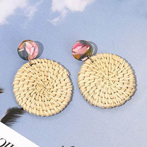 MOLOCH Rattan Earrings Handmade Lightweight Straw Wicker Braid Woven Drop Dangle Earrings Acrylic Resin Disc Statement Stud Earring (Disk Floral)