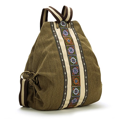 Women Canvas Backpacks Embroideried Daypack Casual Shoulder Bag, Shool Bag Laptop Backpack for Girls (Bucket Shape & Drawstring)