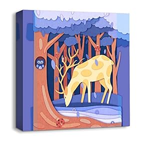 Canvas Wall Art Snow Deer Merry Christmas Painting Artwork for Home Prints Framed - 12x12 inches