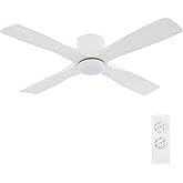 WINGBO 54 Inch Flush Mount DC Ceiling Fan with Lights and Remote, 4 Reversible Carved Wood Blades, 6-Speed Noiseless DC Motor, Hugger Ceiling Fan in Gloss White with White Blades