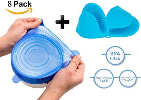 Silicone Stretch Lids with 2 Ovens Gloves Reusable, Durable and Expandable to Fit Various Sizes and Shapes of Containers. Superior for Keeping Food Fresh (blue)