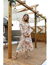 ECOLIVZIT Maxi vestido de gasa con cuello en V, manga larga, estampado floral, con cinturón, para mujer