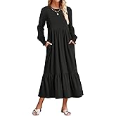 ZESICA Women's 2026 Spring Long Sleeve Dress Crewneck Casual A Line Pleated Tiered Flowy Trendy Midi Dresses with Pockets