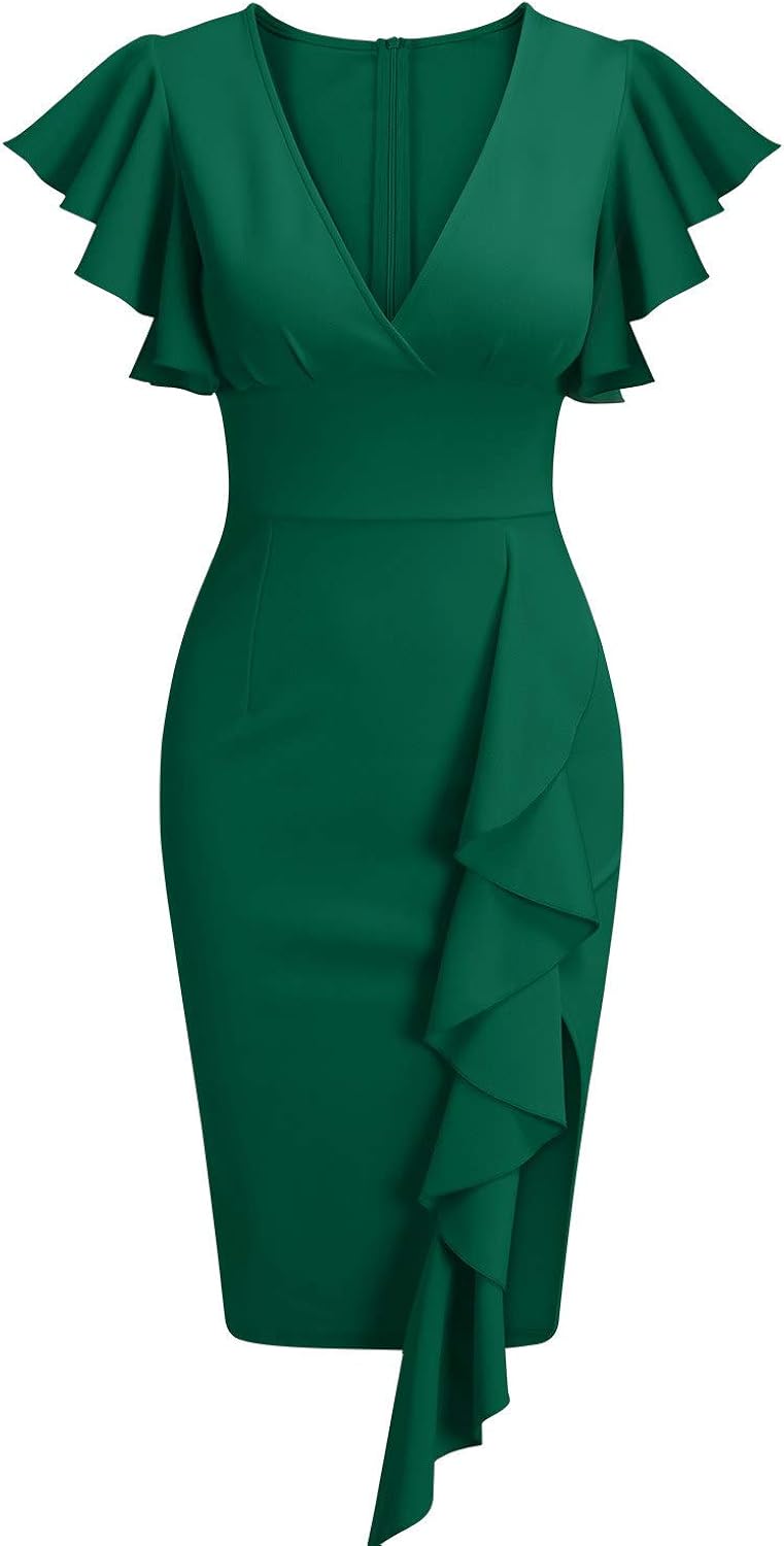 Knitee Women's Deep-V Neck Ruffle Sleeves Cocktail Party Pencil Slit Formal Dress: Clothing