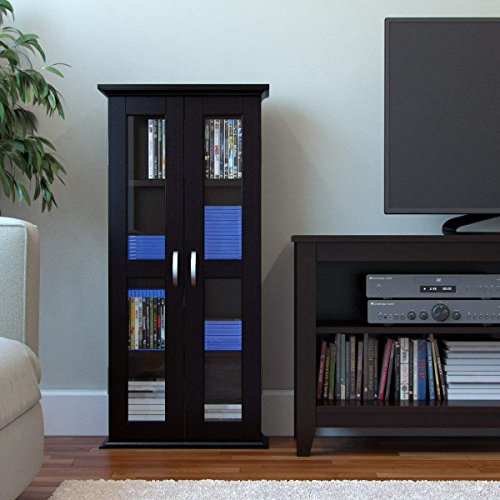 Ryan Rove Kirkwell 41” Wood Bookcase Multimedia Organizer Shelf DVD Media Storage Tower with Doors in Black