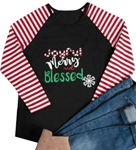 LUKYCILD Women Christmas Joyful Merry and Blessed Snowflake Print Stripe Sleeve T-Shirt Size US S/Tag Size M (Black)
