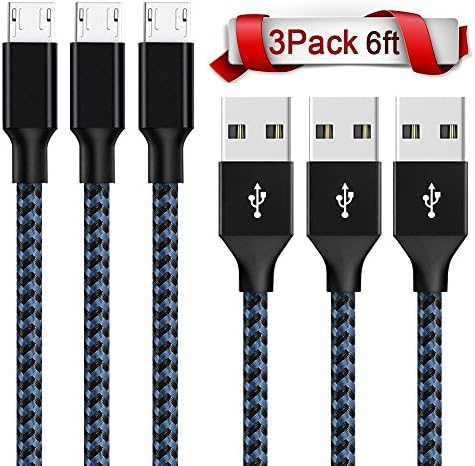 ONLINER Android Charger Cable, 3Pack 6FT Extra Long Nylon Braided High Speed 2.0 USB to Micro USB Charging Cord Fast Charger Cable for Samsung Galaxy S7/S6 Edge,Note 5/4,HTC,LG,Nexus ( Black Blue）