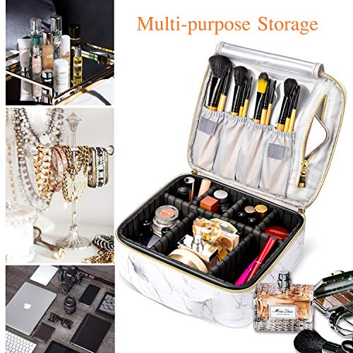Stagiant Travel Makeup Train Case PU Leather Cosmetic Bag Marble Makeup Organizers Bag Storage with Dividers Brush Holder for Cosmetics Make Up Tools, White - Thumbnail 3