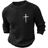 Men's Retro Faith Cross Printed Design Waffle Fabric Long Sleeve T-Shirt Christian Cross Tee