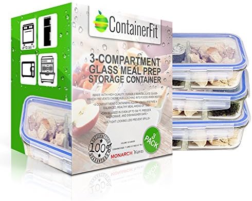 [3-PACK, 32oz] ContainerFit – 3 Compartment Glass Meal Prep Containers – Food Storage Containers with Airtight Locking Lids – Portion Control –Dishwasher, Microwave, Freezer, &amp; Oven Safe