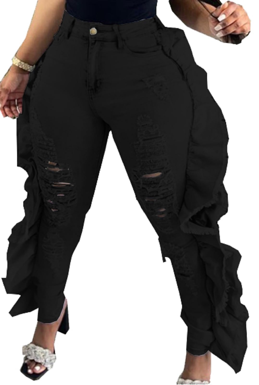 Women's Ripped Jeans High Waisted Skinny Hole Side Ruffle Raw Hem ...