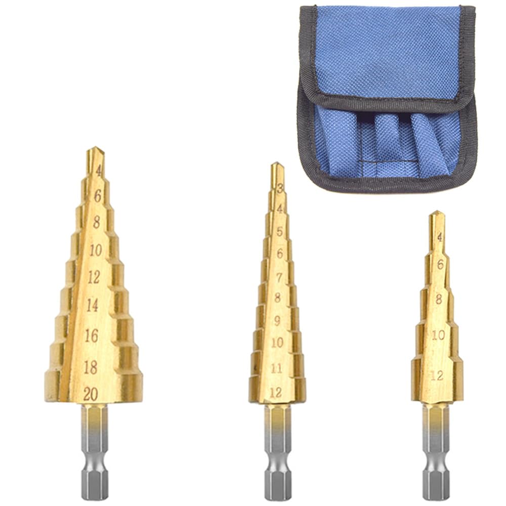 Hocansen 3 Pcs Step Cone Drill Bits Counter Sink Drill Bits High Speed Steel Step Drill Bit Hex Shank Spiral Grooved Bit for Plastic, Wood Drilling（3-12mm,4-12mm/20mm）