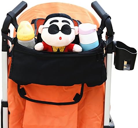 Black Stroller Organizer With Storage Space Premium Deep Milk Bottle Holders, Cup Holders, Extra-Large Storage Space for iPhones Wallets Diaper Toys Perfect Baby Shower Gift for Smart Mom