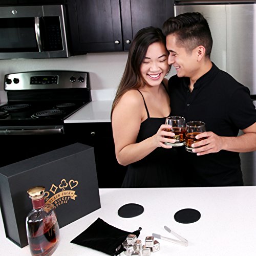 Black Jack Whiskey Stones - Premium Reusable Stainless Steel Beverage Chilling Cubes with Glasses & Tongs – Total Of 16 Cubes