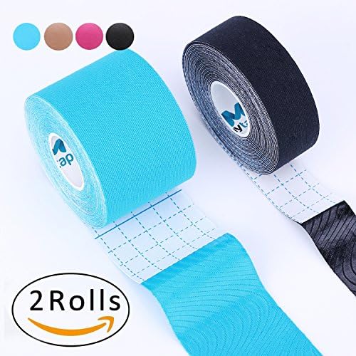 Kinesiology Tape Pro, Muscle Support Adhesive, Physio Therapeutic Recovery Sports Athletic Aid, Mytape, 2 Uncut Rolls (2"W x 16.4'L / 1"W x 16.4'L, Blue / Black)